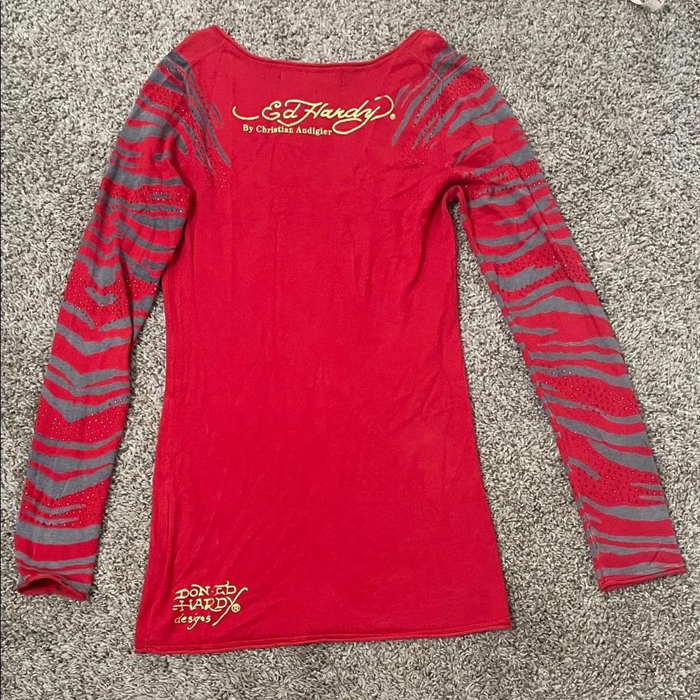 Ed Hardy by Christian Audigier tattoo art Red and Gray Long Sleeve Top - Picture 6 of 9
